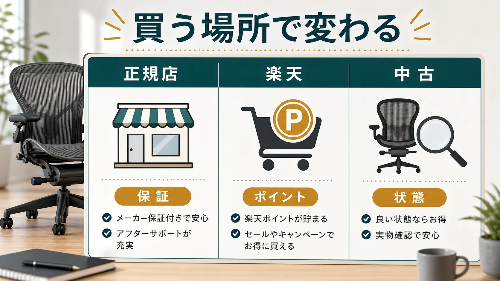 アーロンチェアの正規店・楽天・中古の違いをまとめた図解