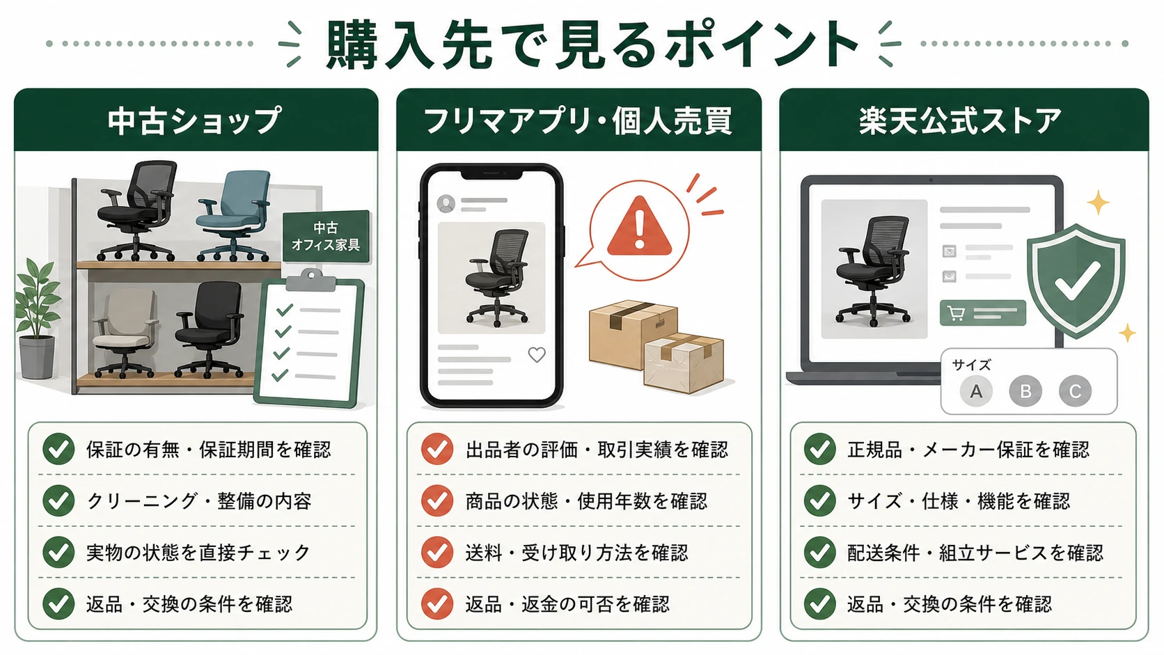 中古ショップ・フリマ・楽天公式店の違いを整理した図解