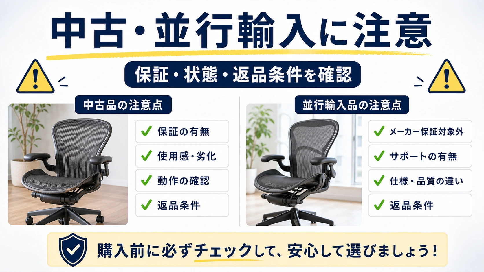 中古や並行輸入のアーロンチェアで注意したい保証と状態の図解