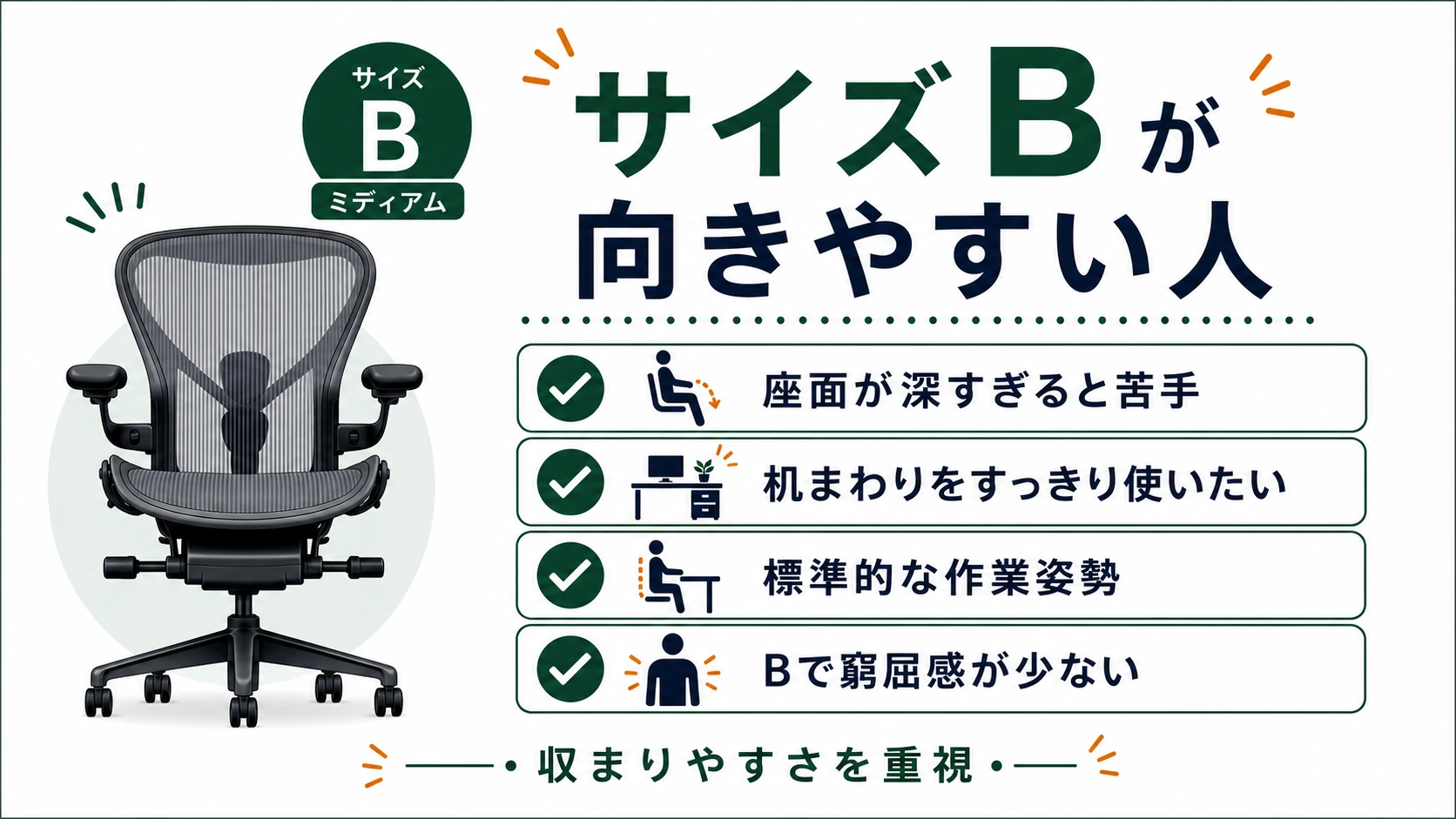アーロンチェアのサイズBが向きやすい人のチェック図解