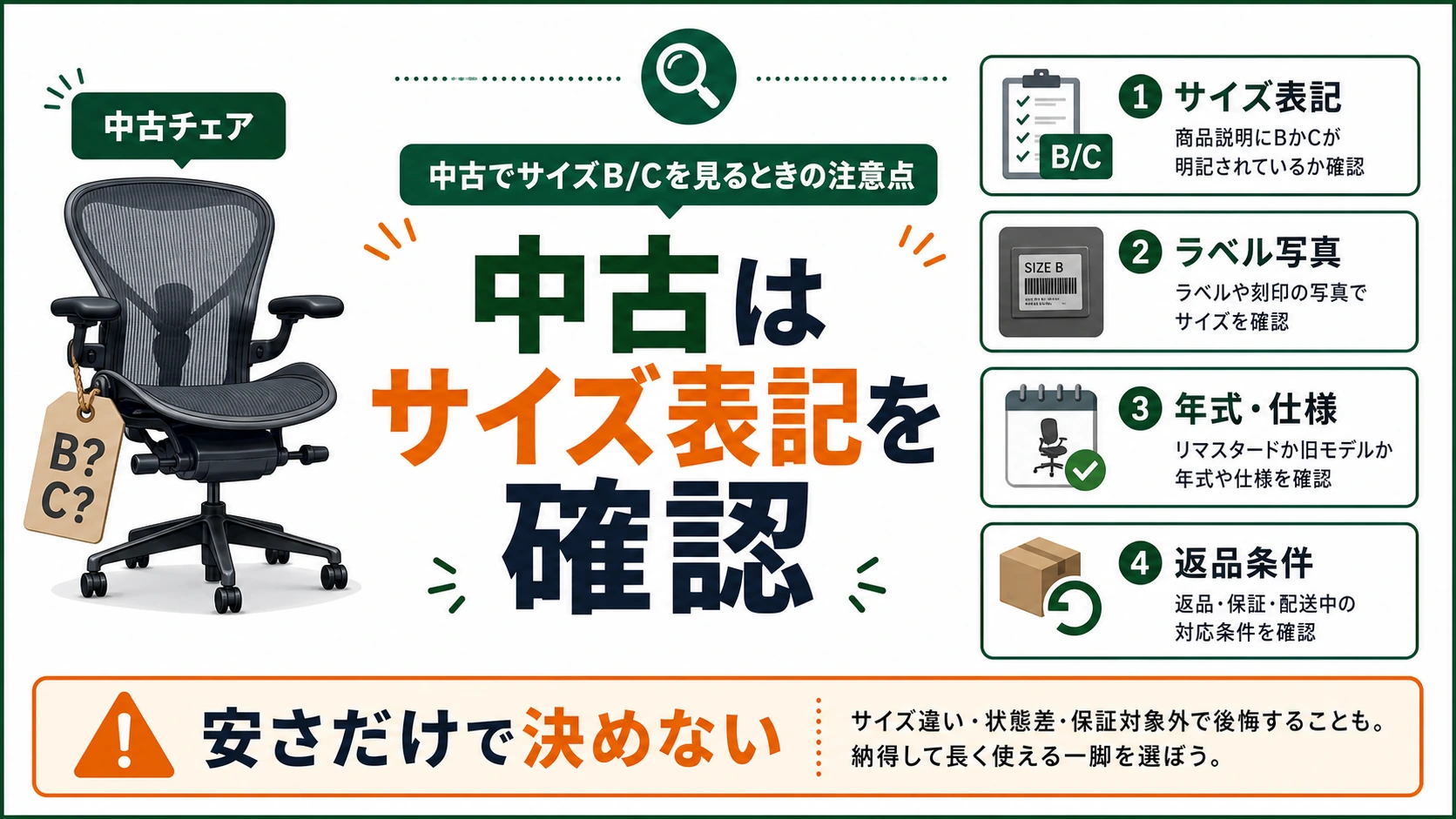 中古アーロンチェアでサイズBとCを見るときの注意点図解