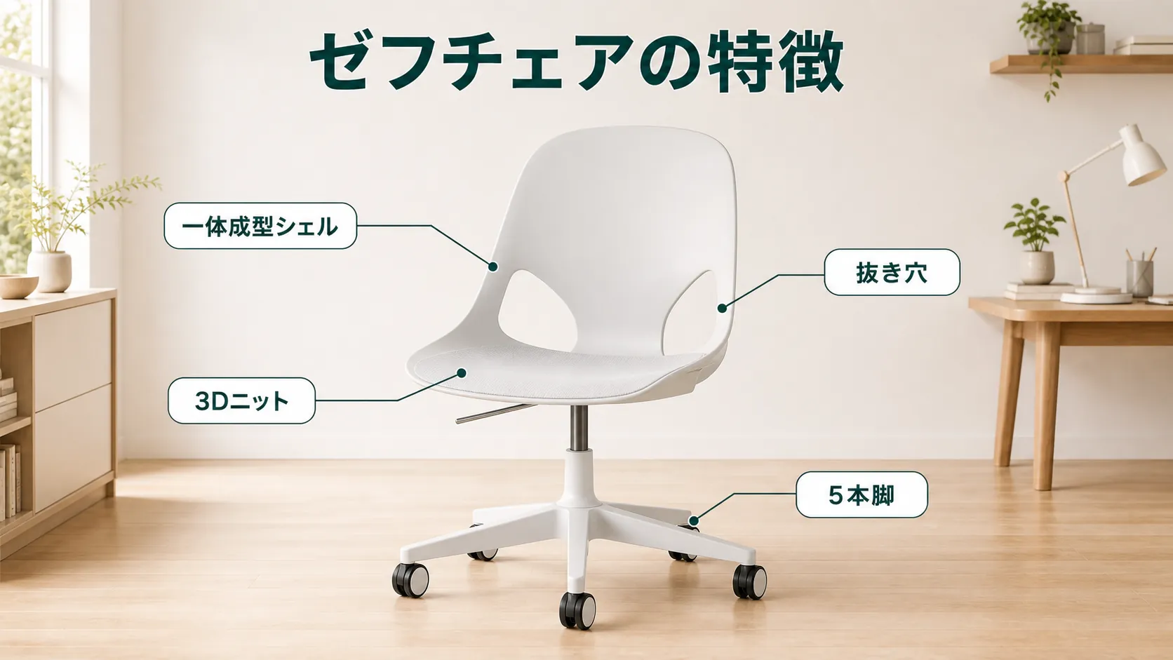 ハーマンミラー ゼフチェアの一体成型シェルと3Dニットの特徴を示す図
