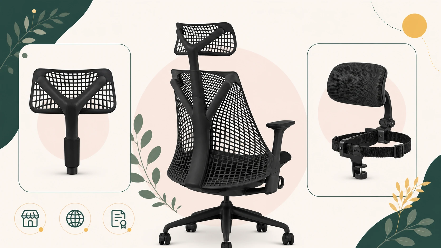 セイルチェア用Cervinow型ヘッドレスト・汎用品・販売元確認を3つに分けた図