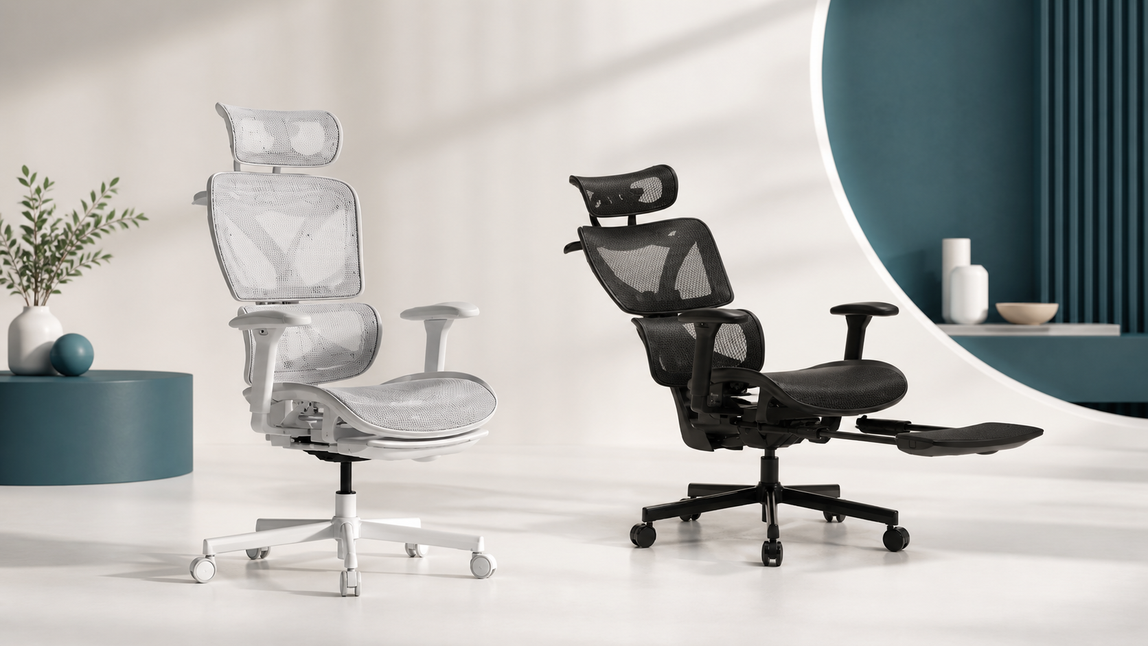 白と黒のCOFO Chair Liteを参考にしたメッシュワークチェアの直立とリクライニング