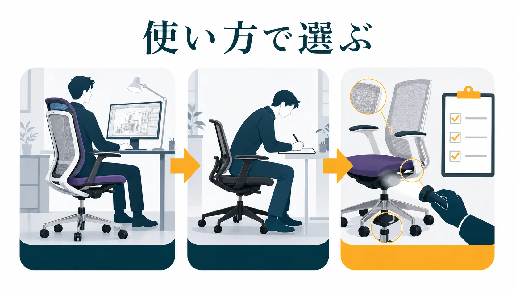 フィノラと前傾向けチェアと中古を選び分ける図