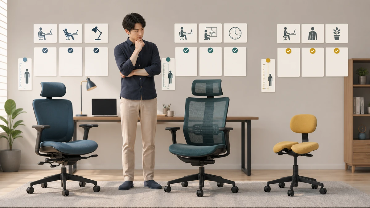 コンパクトな姿勢サポートチェアと調整式・フルバック型チェアを用途別に選ぶ概念図