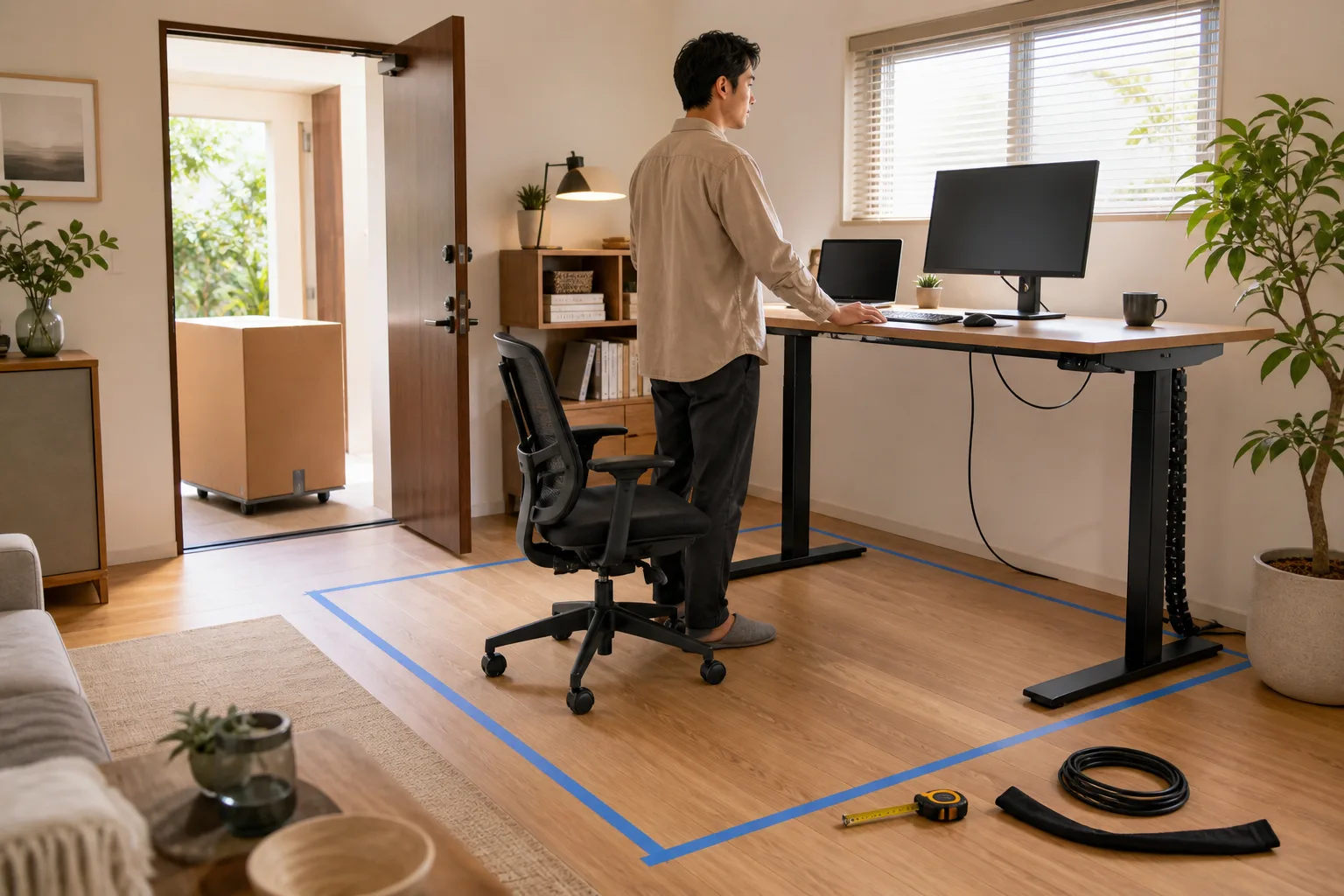 床へデスクの外寸を再現し搬入経路と机高を確認するイラスト