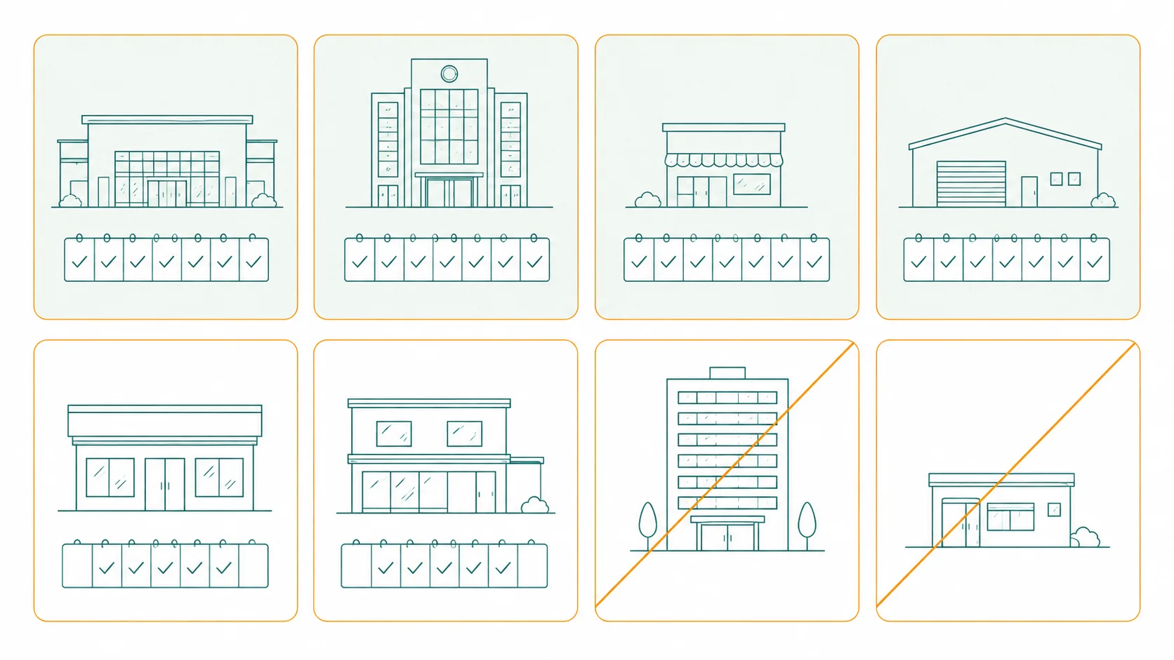 8つの店構えを並べ日曜も開く4つと平日のみの2つを示した図