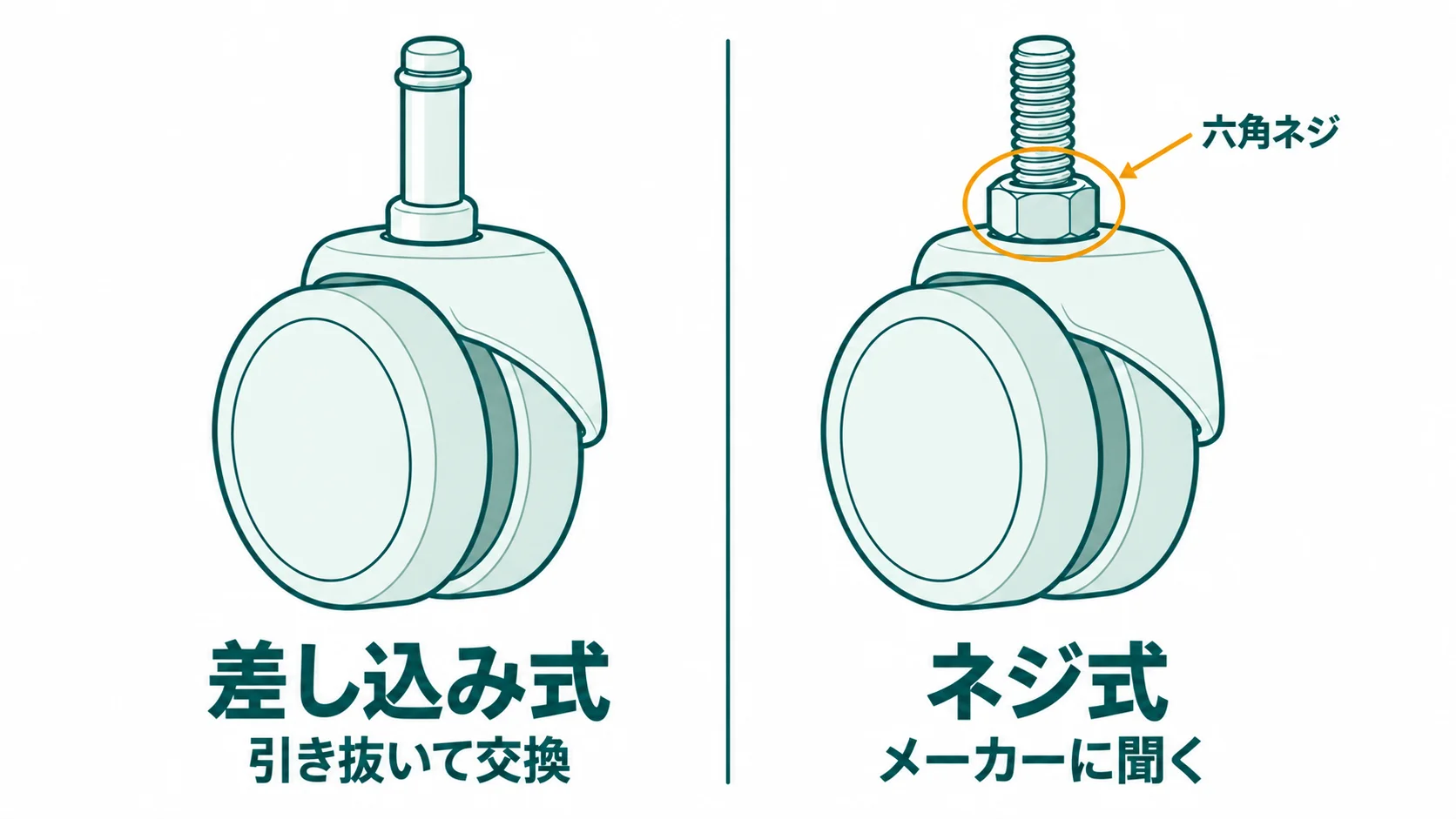 差し込み式(軸の先に溝)とネジ式(六角ネジ)のキャスターを左右に並べ、差し込み式は引き抜いて交換・ネジ式はメーカーに聞くと示した図