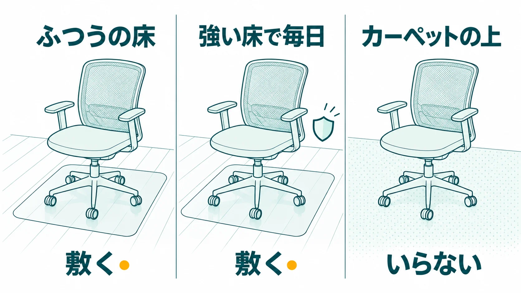 ふつうのフローリングとキャスターに強い床で毎日座るなら敷き、カーペットの上ならいらないことを並べた図