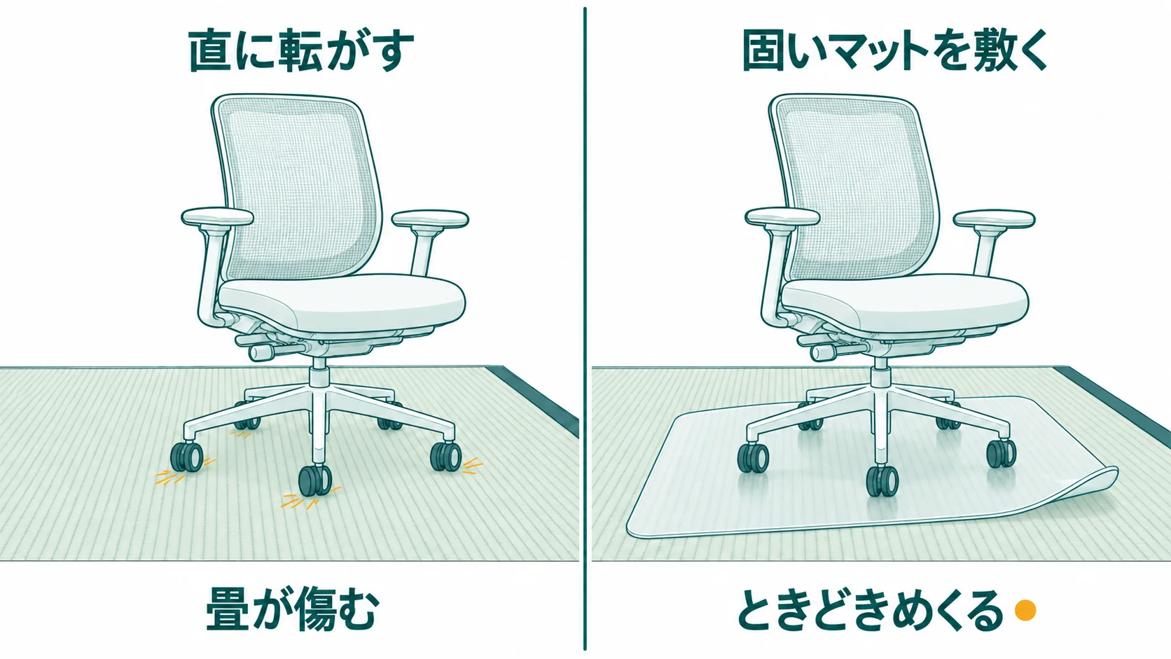 キャスター付きの椅子を畳に直に転がすのと、固いチェアマットを敷くのを並べた図