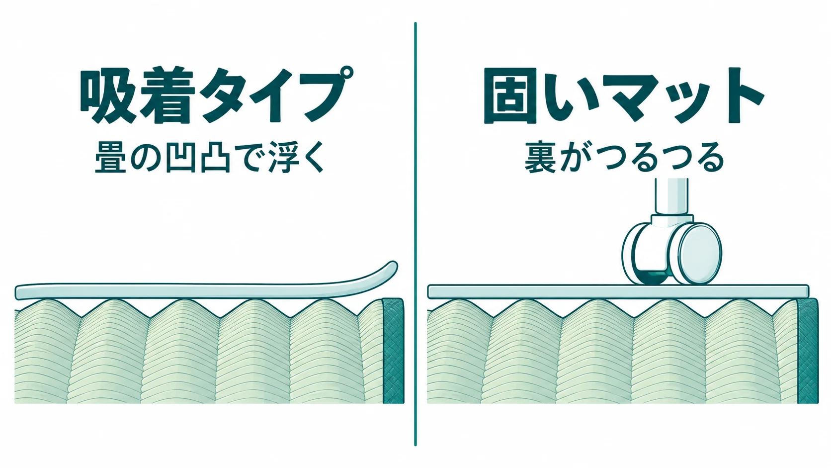 吸着タイプのマットは畳の凹凸に吸い付かず、裏がつるつるの固いマットは畳の上に置けることを並べた図