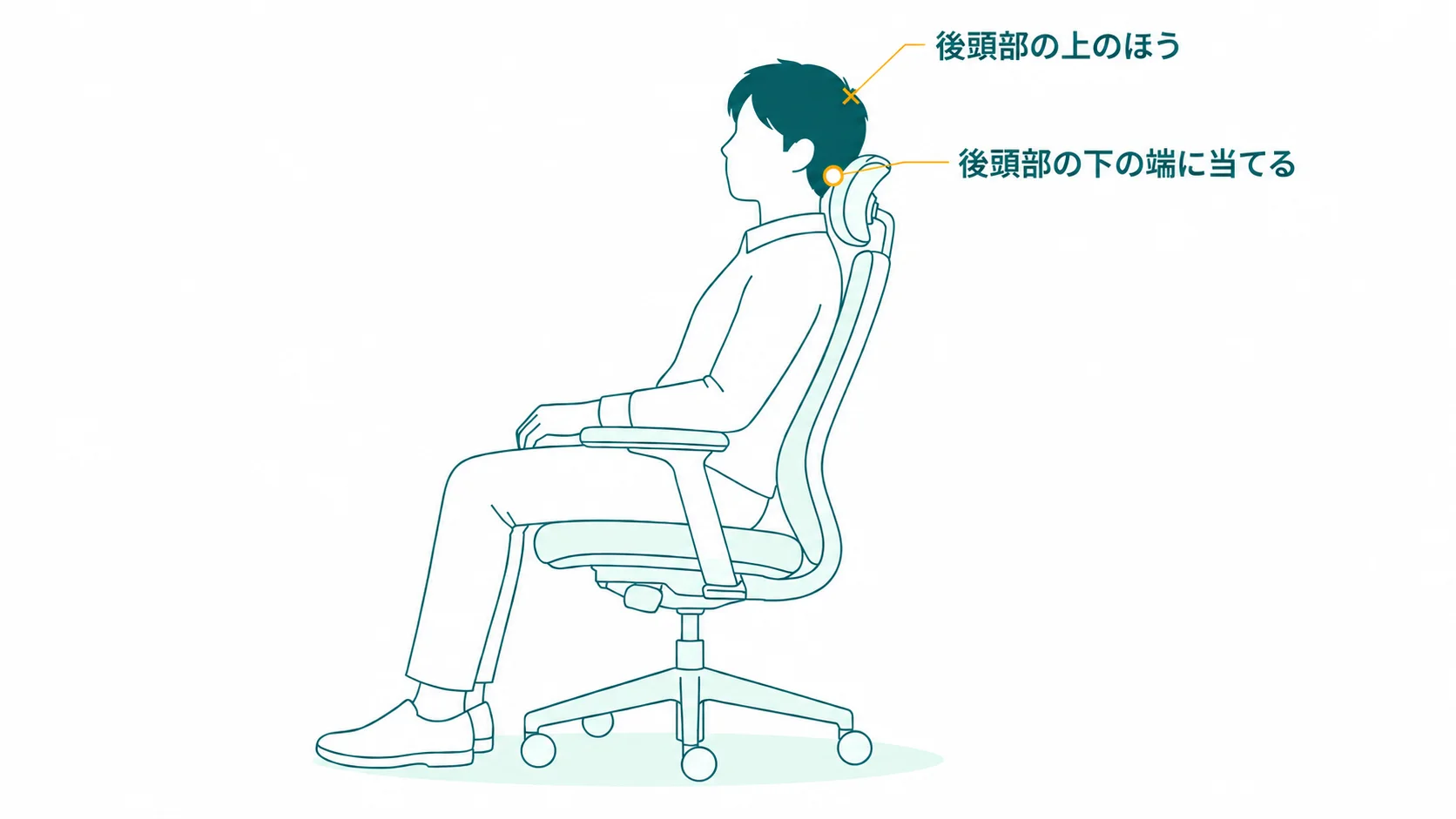 背もたれに寄りかかった人の横からの図で、ヘッドレストを後頭部の上のほうではなく、後頭部の下の端（首とのつなぎ目）に当てる位置を示した図