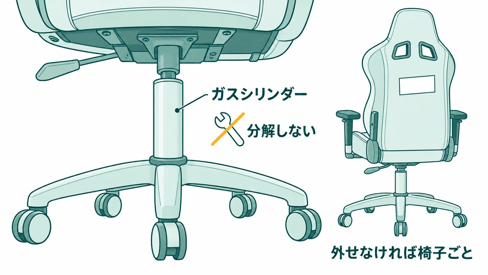 ゲーミングチェアの座面の下にあるガスシリンダーは分解せず、外せないときは椅子ごと出すことを示した図