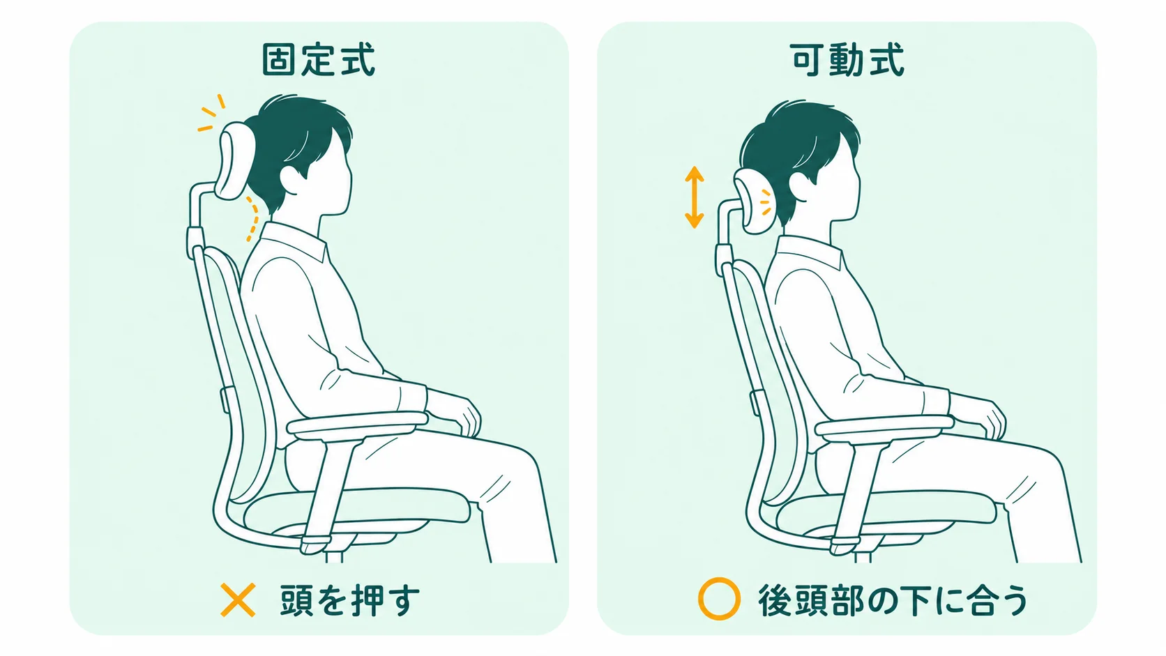 同じ人が寄りかかったとき、固定式のヘッドレストは後頭部の上のほうに当たって頭を前に押し出し、可動式なら下げて首とのつなぎ目に合わせられることを比べた図
