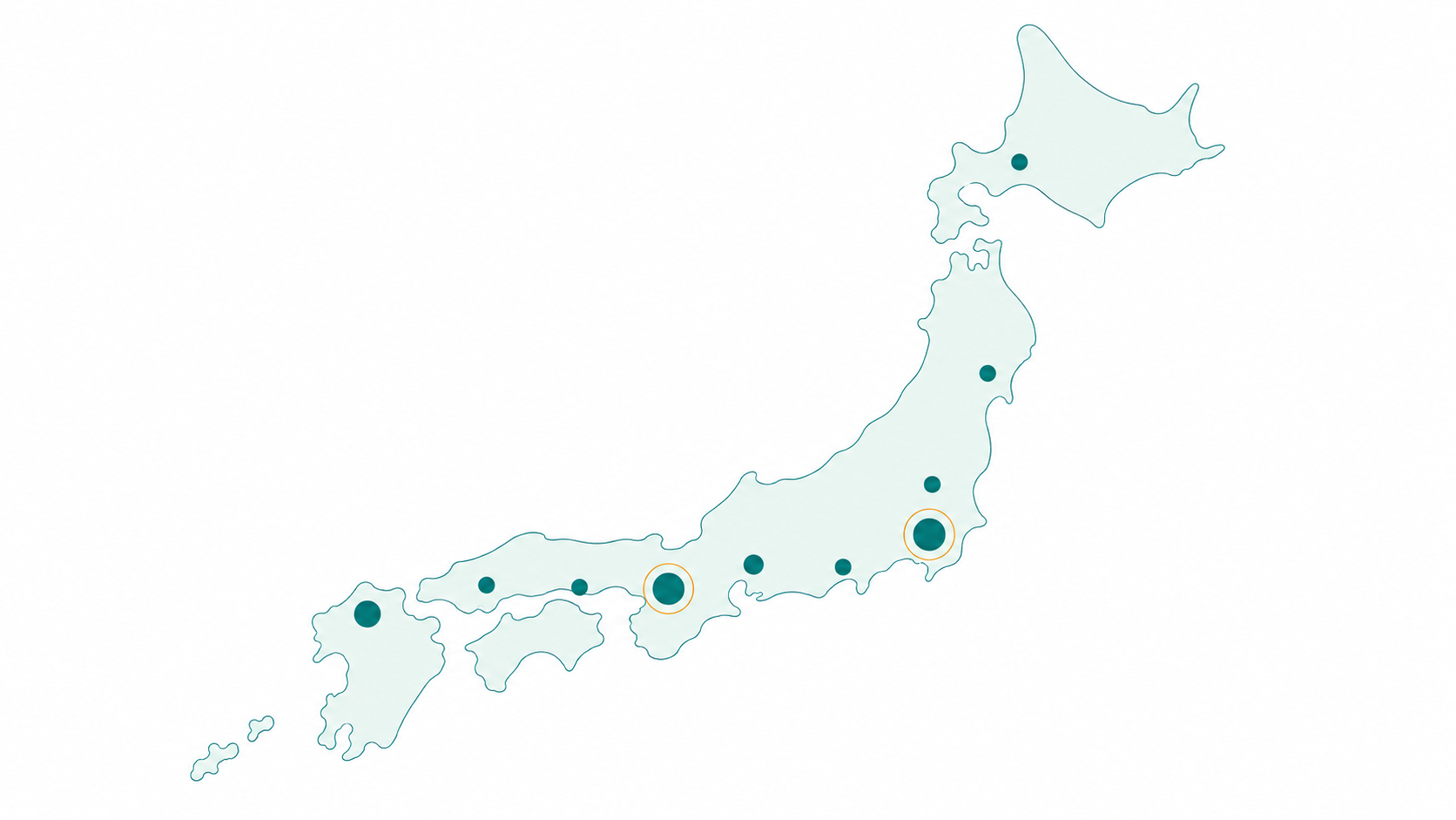 試座できる施設が集まっている地域を日本地図上に丸の大小で示した図