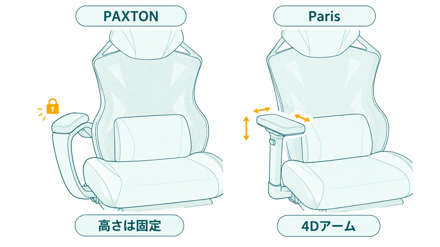 左に背もたれとつながって高さが固定のPAXTONの肘、右に上下や前後に動くPAXTON Parisの4Dアームを並べた図